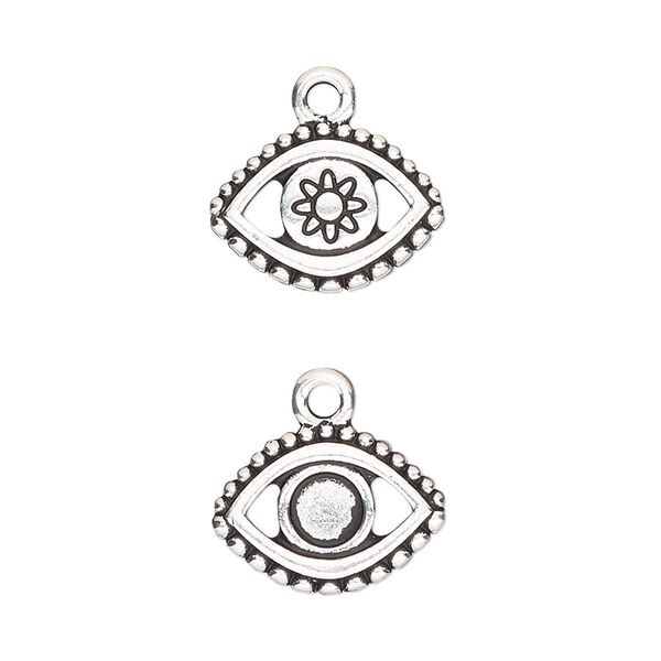 Charm, TierraCast&reg;, "Happy Go Lucky" collection, antique silver-plated pewter (tin-based alloy), 16x11mm two-sided evil eye with SS20 flat back glue-in setting. Sold per pkg of 2. image number 0