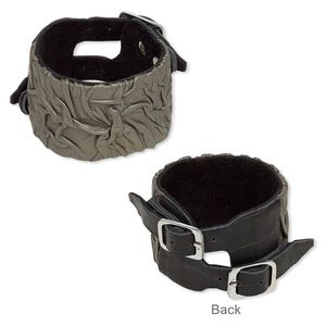 Bracelet, leather (dyed) with silver-plated brass and "pewter" (zinc-based alloy), black and grey, 45mm wide with textured design, adjustable from 5-1/2 to 7 inches with buckle-style closure. Sold individually.