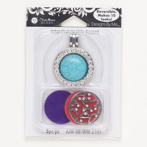 Pendant, silver-finished brass / acrylic / glass, clear and multicolored, 39.5x29mm round locket. Sold per pkg of 5.