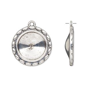Drop, Almost Instant Jewelry®, antique silver-finished "pewter" (zinc-based alloy), 23mm round with scalloped design and 16mm rivoli setting. Sold per pkg of 6.