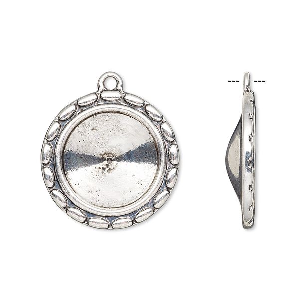 Drop, Almost Instant Jewelry®, antique silver-finished "pewter" (zinc-based alloy), 23mm round with scalloped design and 16mm rivoli setting. Sold per pkg of 6. image number 0