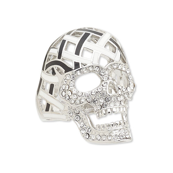 Ring, Avant-Garde Jewelry Collection, enamel / Czech glass rhinestone / imitation rhodium-plated brass, black / white / clear, 34x22mm skull, size 8-1/2. Sold individually. image number 0