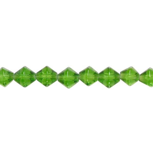 Bead, glass, transparent spring green, 6mm faceted bicone. Sold per 13-inch strand. image number 0