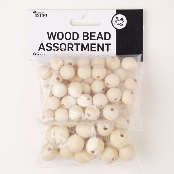 Bead mix, wood (natural), pkg/65, 15-19mm round. image number 0