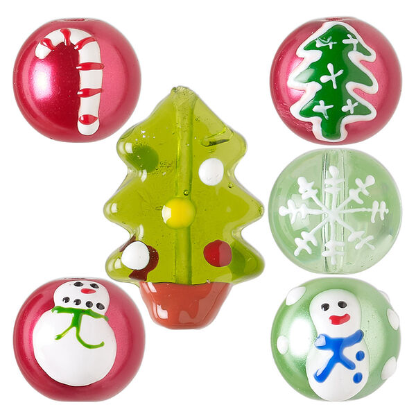 Bead mix, hand-painted glass, opaque to transparent multicolored, 13mm round and 26x17mm flat tree with Christmas designs. Sold per pkg of 6. image number 0