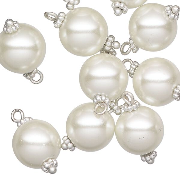 Drop, antique silver-finished "pewter" (zinc-based alloy) and acrylic pearl, white, 16mm round. Sold per pkg of 12. image number 0