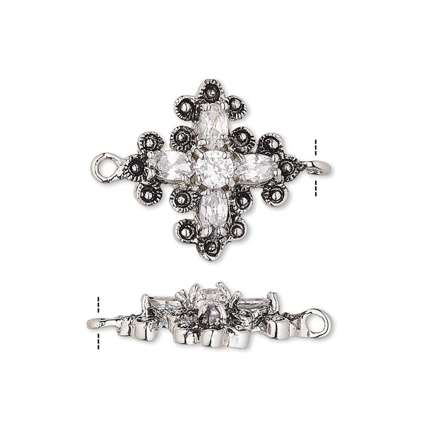 Link, cubic zirconia and antique silver-plated bronze, clear, 19x19mm single-sided cross with 7x3mm faceted oval and 4mm faceted oval. Sold individually. image number 0