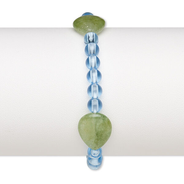 Bracelet, stretch, quartz (dyed) and acrylic, light blue and light green, 5mm round and 17x13mm-18x13mm flat teardrop, 7 inches. Sold individually. image number 0