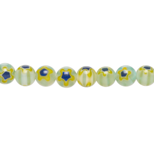 Bead, millefiori glass 1pkg1, translucent pale green / cobalt blue / blue, 6mm round, 15 inches. image number 0