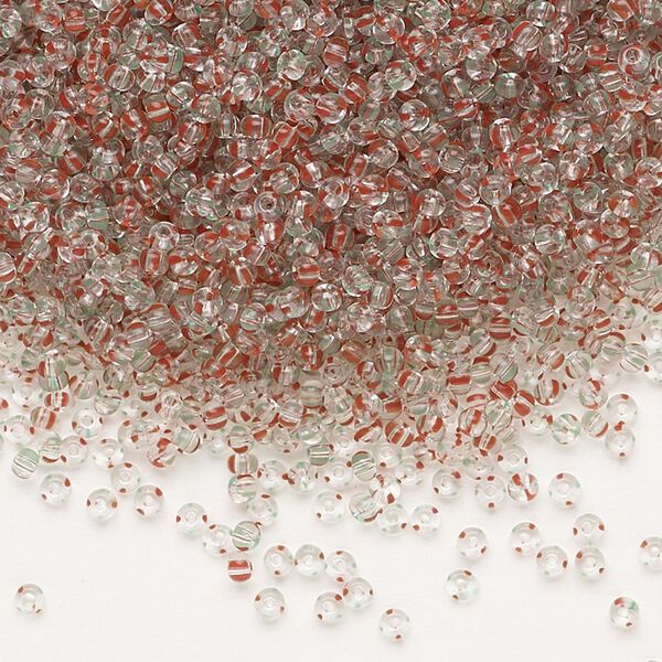 Seed bead, Preciosa Ornela, glass, transparent red / green / clear, #11 rocaille. Sold per 500-gram pkg. image number 0
