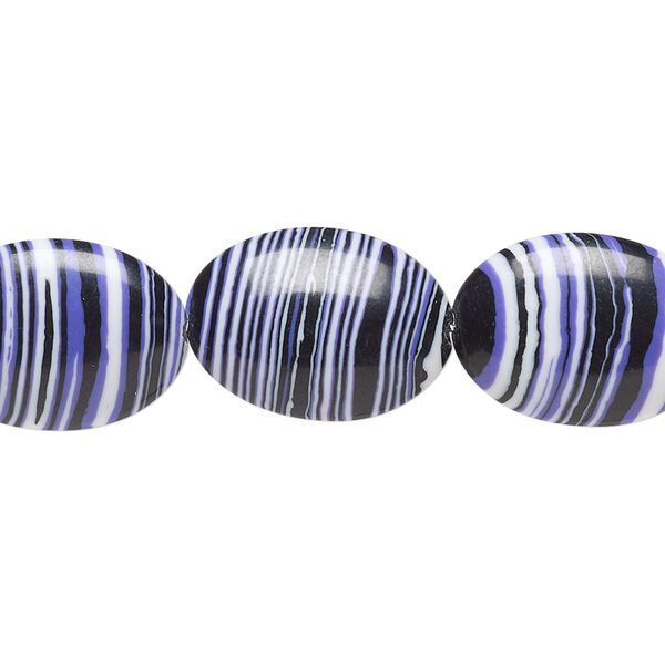 Bead, resin, black / white / purple, 18x13mm flat oval. Sold per 15" to 16" strand. image number 0