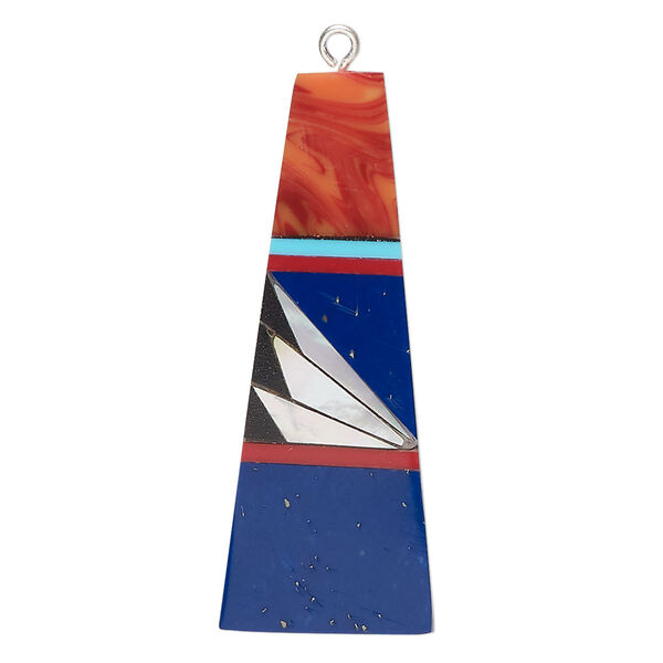 Focal, mother-of-pearl shell / resin / silver-finished "pewter" (zinc-based alloy) (assembled), multicolored, 40x14mm single-sided flat trapezoid. Sold individually. image number 0