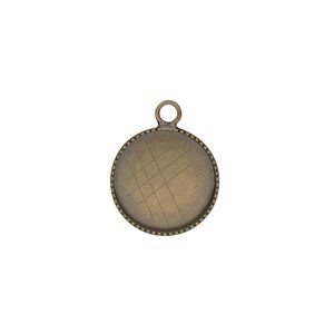 Drop, antiqued brass, 14mm round with beaded edge and 13mm round bezel cup setting. Sold per pkg of 6.