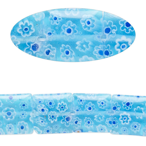 Bead, millefiori glass, translucent blue and white, 11mm-13x12mm puffed square with flower design. Sold per 14-inch strand. image number 0
