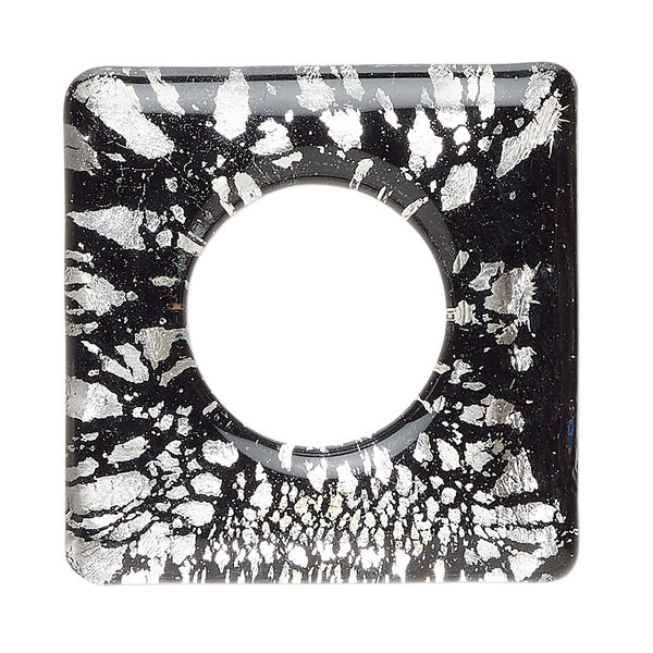 Focal, lampworked glass, clear and opaque black, 34-35mm square go-go with silver-colored foil. Sold individually. image number 0