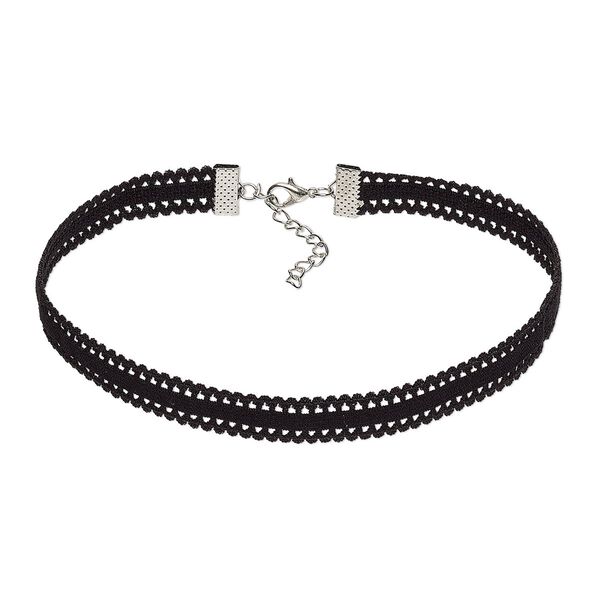 Necklace, choker, nylon and imitation rhodium-finished steel, black, 13mm wide with points pattern, 13 inches with 2-inch extender chain and lobster claw clasp. Sold per pkg of 2. image number 0