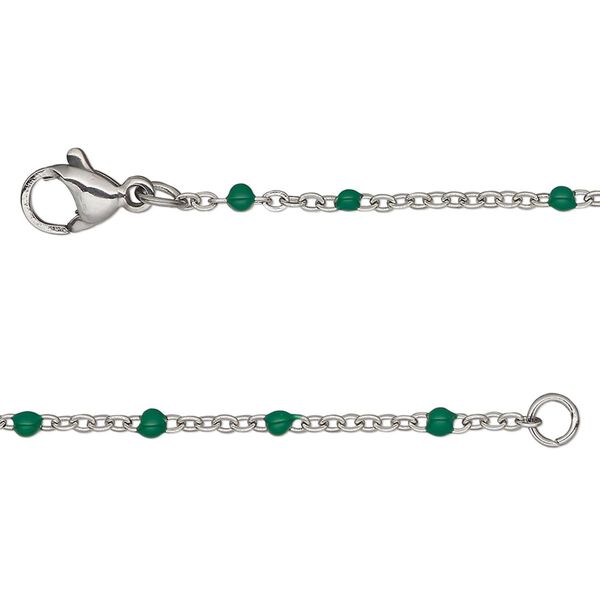 Chain, stainless steel and enamel, green, 1.7mm flat cable with 2mm ball, 18 inches with lobster claw clasp. Sold individually. image number 0
