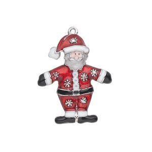 Charm, enamel and silver-plated "pewter" (zinc-based alloy), red / white / black / peach, 26x21.5mm single-sided standing Santa with snowflake design. Sold individually.
