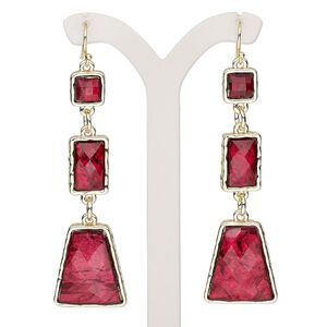 Earring, resin with gold-finished brass and "pewter" (zinc-based alloy), red, 2-1/2 inches with trapezoid and fishhook ear wire. Sold per pair.