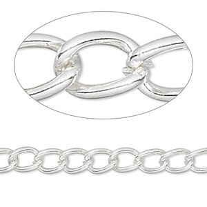 Chain 1pkg1 curb, 5mm, silver-finished brass 5 foot unfinished