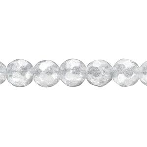 Bead, glass, translucent silver, 7-8mm faceted round with glitter. Sold per 8-inch strand, approximately 25 beads.