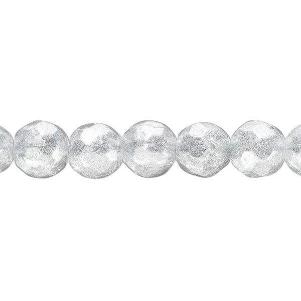 Bead, glass, translucent silver, 7-8mm faceted round with glitter. Sold per 8-inch strand, approximately 25 beads. image number 0