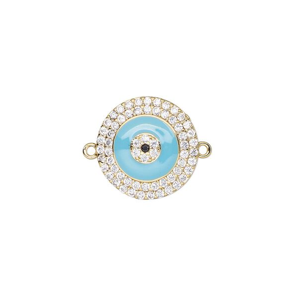 Link, gold-finished brass / cubic zirconia / enamel, clear and blue, 15mm single-sided round. Sold individually. image number 0