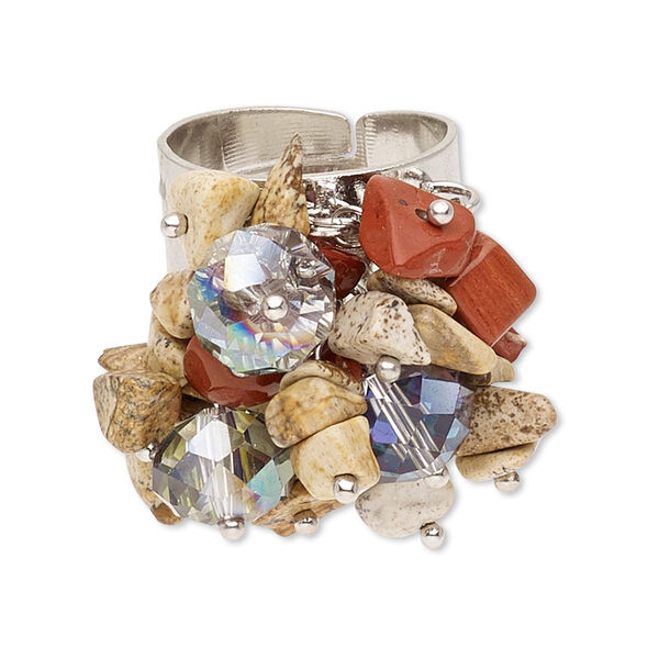 Ring, multi-gemstone (natural / dyed / stabilized) / glass / imitation rhodium-finished steel, multicolored, 16mm wide with chips, adjustable. Sold individually. image number 0