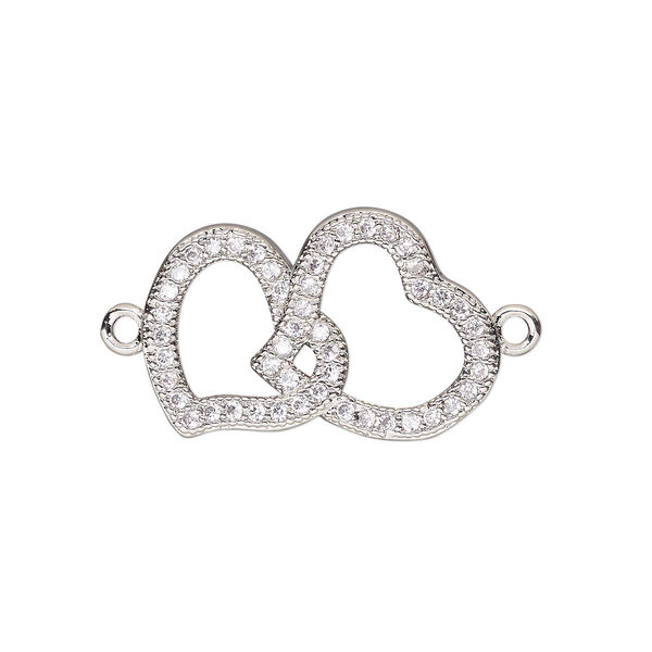 Link, cubic zirconia and silver-finished brass, clear, 20.5x13mm single-sided open double heart. Sold individually. image number 0