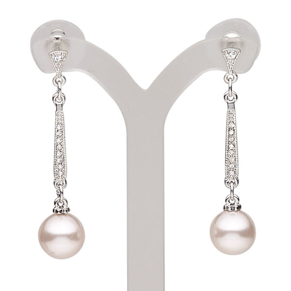 Earring, glass pearl / glass rhinestone / imitation rhodium-plated steel / "pewter" (zinc-based alloy), pink and clear, 1-1/2 inches with round and post. Sold per pair. image number 0
