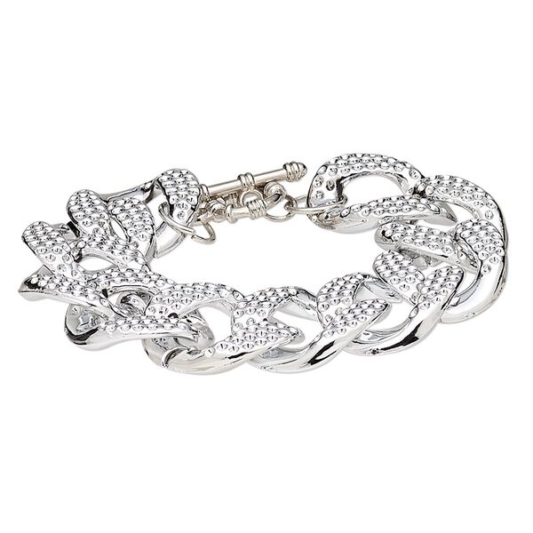 Bracelet, silver-coated plastic and silver-plated steel, 24mm wide with 29x24mm textured twisted oval, 7 inches with toggle clasp. Sold individually. image number 0