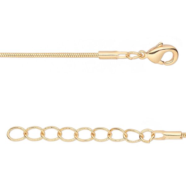 Chain, gold-finished brass, 1mm snake, 16 inches with 1-inch extender chain and lobster claw clasp. Sold per pkg of 4. image number 0