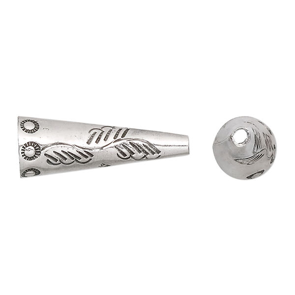 Cone, Hill Tribes, antiqued sterling silver, 24x9mm-25x9mm with line and circle design, 8mm inside diameter. Sold individually. image number 0