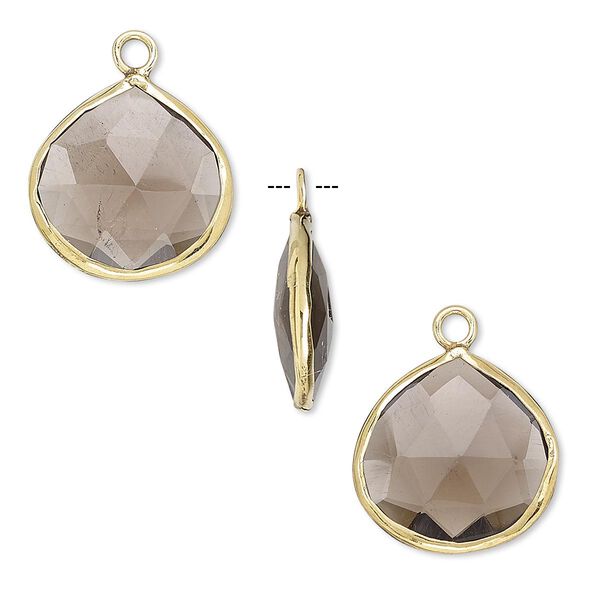 Drop, smoky quartz (heated / irradiated) and gold-finished sterling silver, 15mm double-sided faceted teardrop. Sold per pkg of 2. image number 0