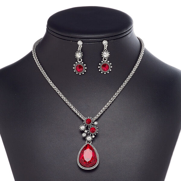 Necklace and earring set, Everyday Jewelry, glass / glass rhinestone / stainless steel / antique silver-plated brass / steel / "pewter" (zinc-based alloy), red and clear, 54x23mm teardrop, 16 inches with 2-inch extender chain and lobster claw clasp, 34mm earrings with post. Sold per set. image number 0