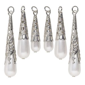 Focal mix, imitation rhodium-finished steel and acrylic, white pearl, 29x9mm-55x10mm teardrop with jump ring. Sold per pkg of 6.