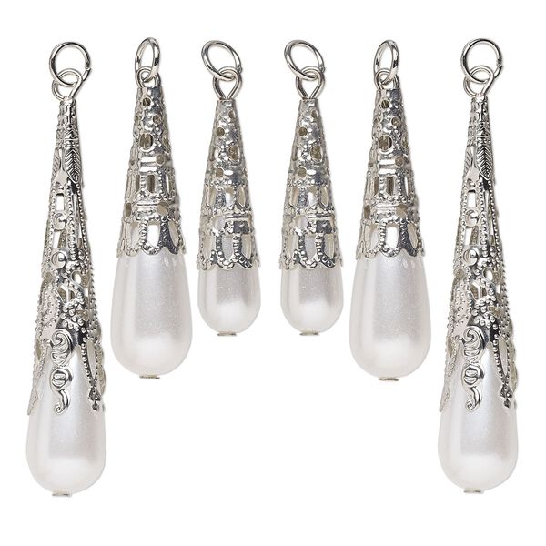 Focal mix, imitation rhodium-finished steel and acrylic, white pearl, 29x9mm-55x10mm teardrop with jump ring. Sold per pkg of 6. image number 0