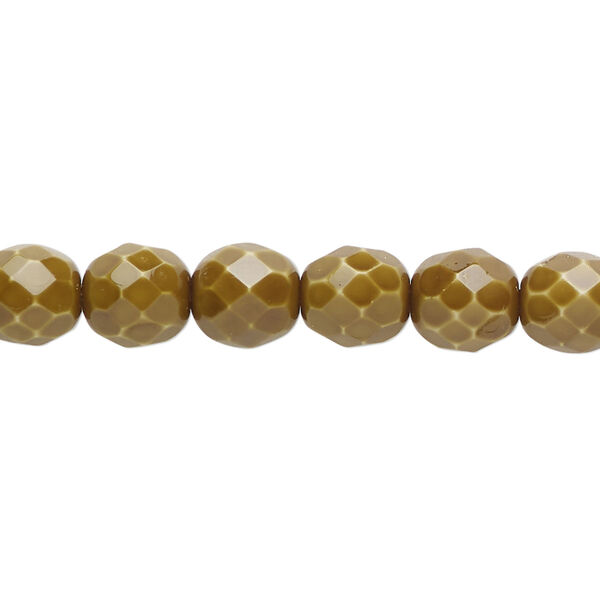 Bead, Czech fire-polished glass, opaque olive with vividi finish and snake pattern, 8mm faceted round. Sold per 6-1/2-inch strand, approximately 20 beads. image number 0