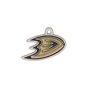 Charm, enamel and chrome-finished "pewter" (zinc-based alloy), black / orange / gold, 24x12mm single-sided NHL® Anaheim Ducks. Sold individually.
