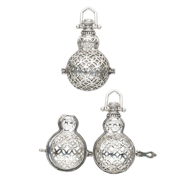 Focal, antique silver-finished brass, 35.5x19mm bead cage with cutout mesh design and safety latch, fits up to 18mm bead. Sold individually. image number 0