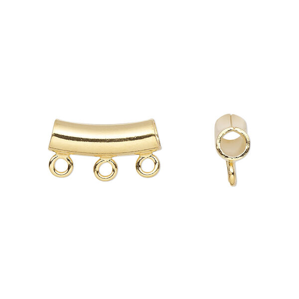 Bead, gold-plated brass, 14x5mm curved tube with 3 loops. Sold per pkg of 10. image number 0