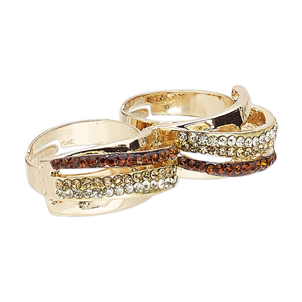 Ring, Egyptian glass rhinestone and gold-finished "pewter" (zinc-based alloy), topaz brown / light topaz brown / light green, 12mm double band, adjustable size 8-3/4. Sold individually. image number 0
