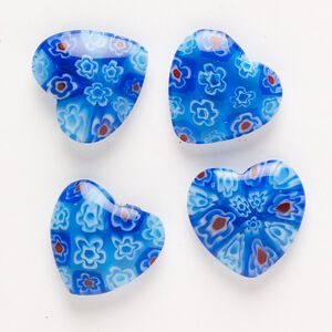 Bead, millefiori glass, pkg/4, translucent cobalt blue/red/white, 18-20mm half-drilled puffed heart.