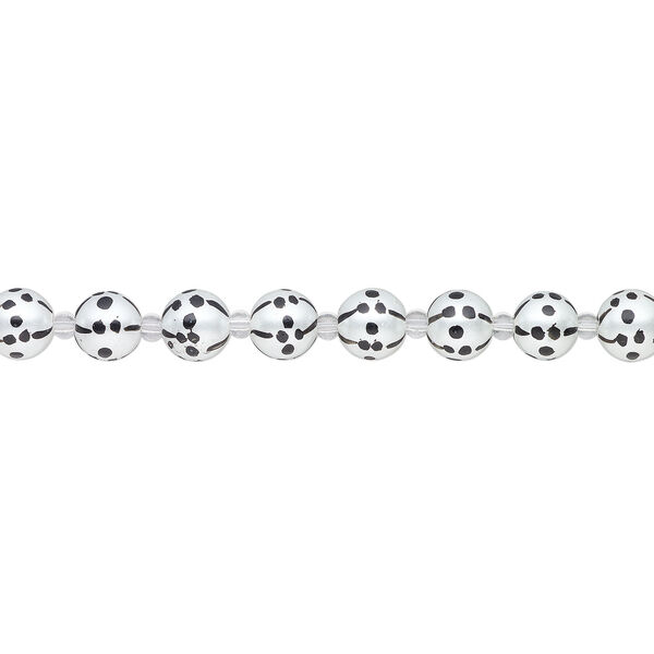 Bead, glass 1pkg8, opaque black and white, 12mm hand-painted round. image number 1