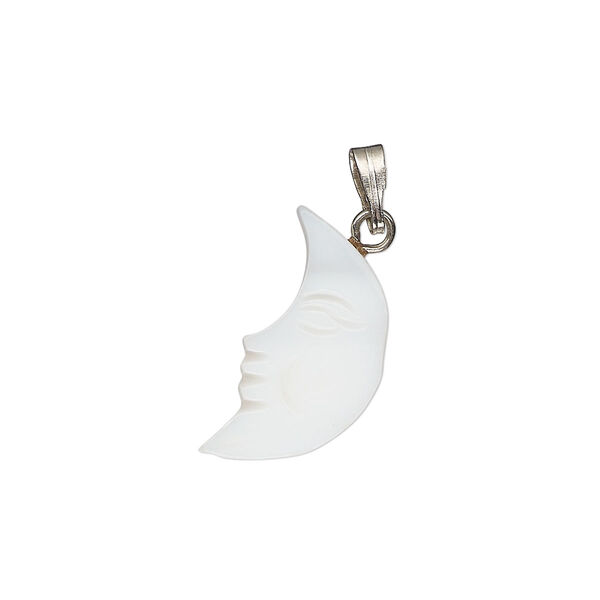 Pendant, mother-of-pearl shell (bleached) / antique silver-finished "pewter" (zinc-based alloy) / steel, 19x9mm-21x11mm single-sided carved moon. Sold individually. image number 0