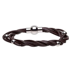 Bracelet, 5-strand, leather (dyed) and stainless steel, black, 8mm wide twisted with 5mm round, 6-1/2 inches with magnetic clasp. Sold individually.