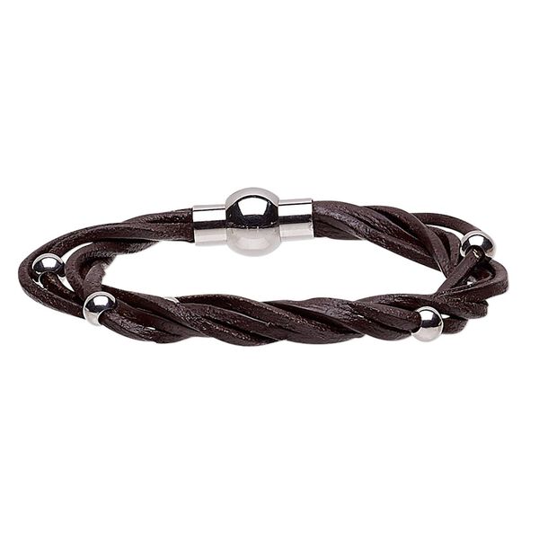 Bracelet, 5-strand, leather (dyed) and stainless steel, black, 8mm wide twisted with 5mm round, 6-1/2 inches with magnetic clasp. Sold individually. image number 0