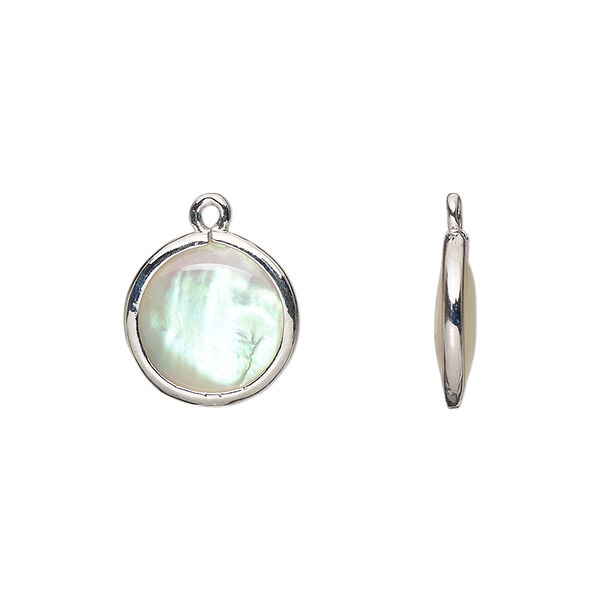 Drop, mother-of-pearl shell and imitation rhodium-finished brass (assembled), 12.5mm-13.5mm double-sided round. Sold per pkg of 4. image number 0