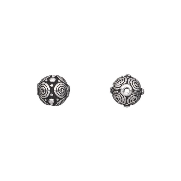 Bead, TierraCast®, antique silver-plated pewter (tin-based alloy), 8mm round with spirals and dots. Sold per pkg of 2. image number 0