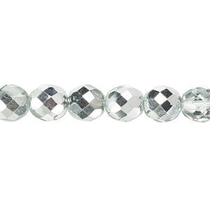 Bead, Czech fire-polished glass, clear with half-coat metallic icy teal, 8mm faceted round. Sold per 15-1/2" to 16" strand.